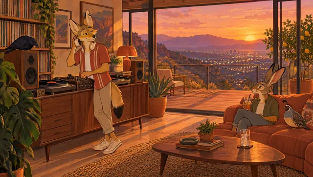 Illustration: Rayo the coyote at the record decks at golden hour, the couch crew on the sofa.
