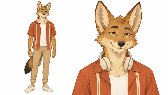 Character sheet: Rayo full length and a close-up of his face.