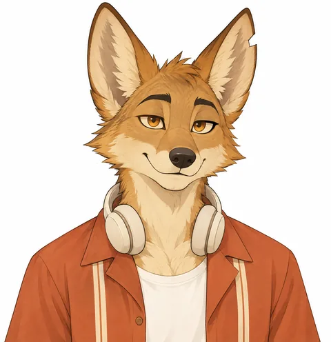 Character art: Rayo, a coyote with amber half-lidded eyes, a notch in his left ear, cream headphones around his neck and an open terracotta shirt with a cream stripe.
