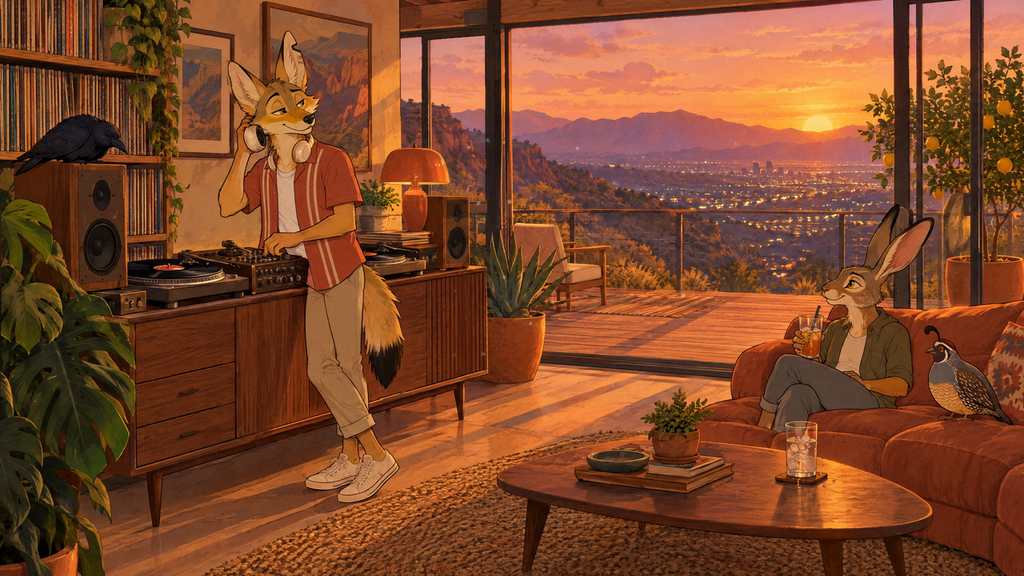 Illustration: Rayo, a coyote in a terracotta shirt holding one headphone cup to his ear at the record decks in a canyon-side living room at golden hour. A jackrabbit and a quail sit on the sofa, a raven sits on a speaker, and the city lights come on in the valley below.