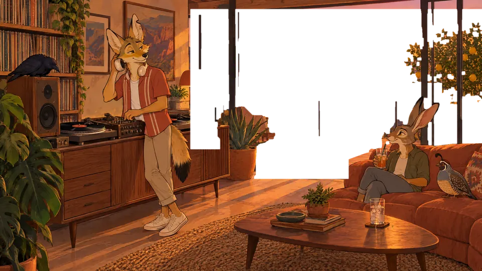 The living room above the valley: Rayo the coyote at the decks by the record wall, the jackrabbit and the quail on the terracotta sofa, the raven on a speaker, and the big glass doors open to the deck.