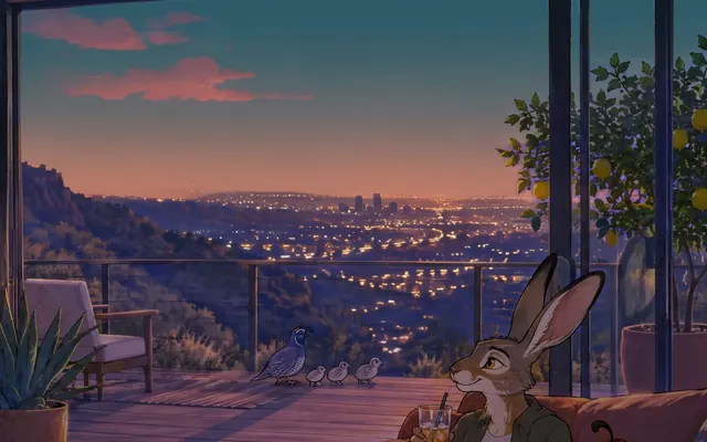 The same view at dusk: a rose and violet sky, the lamp lit inside.