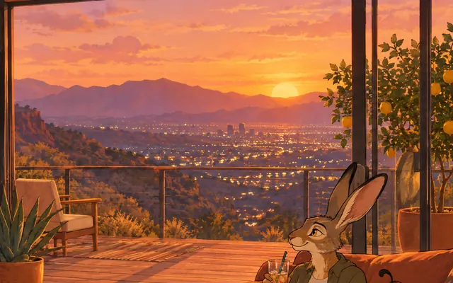The view through the glass doors at golden hour: the sun low over the mountains, the valley glowing.