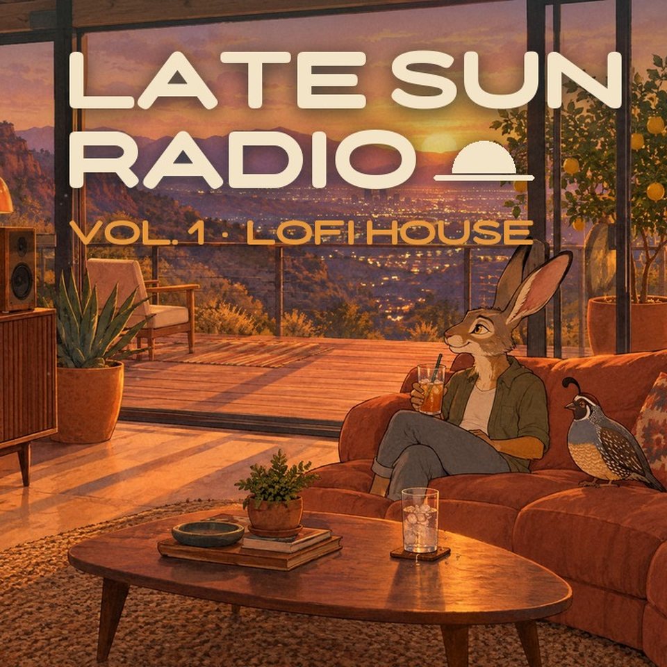 Vol. 1 cover: the Late Sun Radio wordmark and “Vol. 1 · lofi house” over a sunset valley, a jackrabbit with an iced drink and a quail on a terracotta sofa.